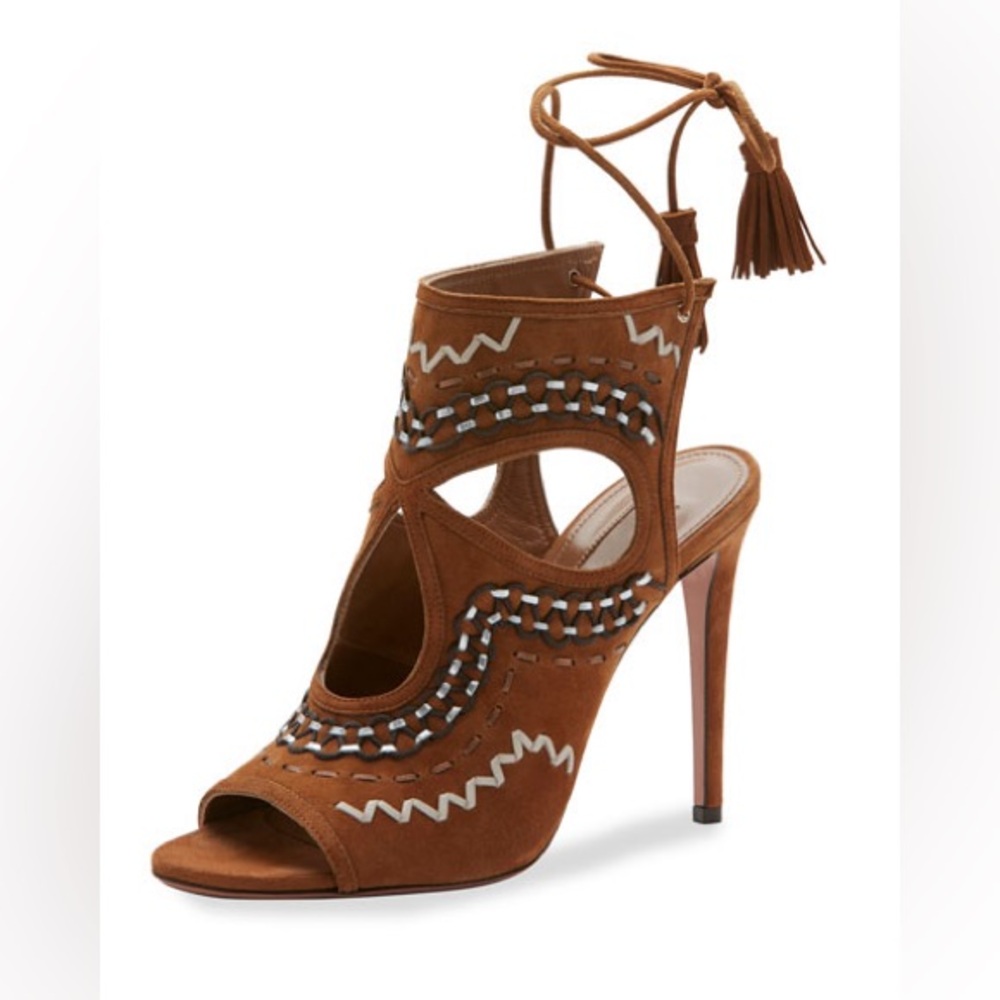 Aquazzura Sexy Thing Suede Heels Cutout Tie Back Open Toe Tan Size 38.5 US 8.5